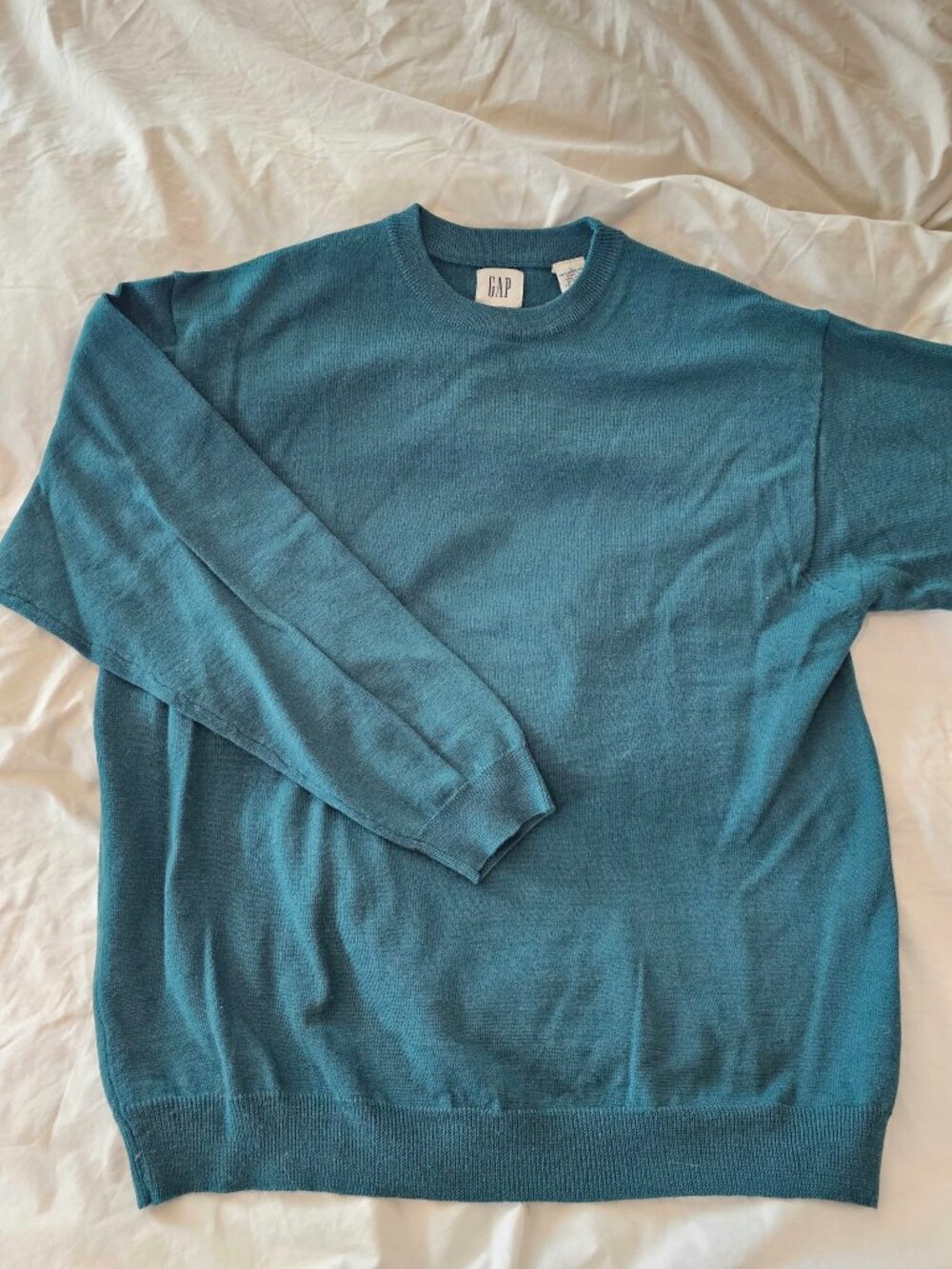 L Gap Men's lightweight 100% Merino Wool Sweater hunter green/teal